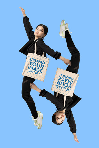 Sublimated Tote Bag Mockup of a Mirrored Woman at a Studio