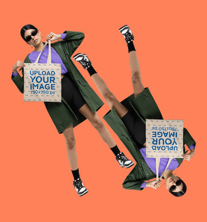 Mockup of a Duplicated Woman in a Streetwear Outfit Holding a Tote Bag