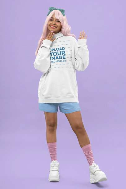Kawaii-Themed Mockup Featuring a Woman Wearing a Pullover Hoodie