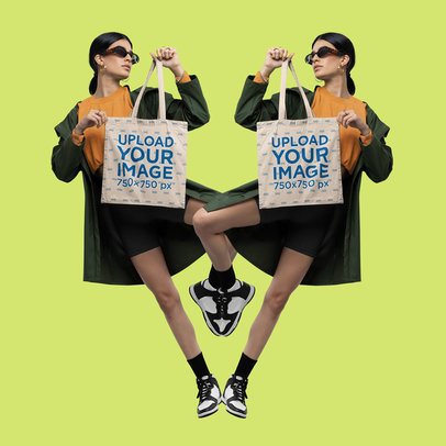 Mockup of a Serious Woman With Sunglasses Carrying a Tote Bag