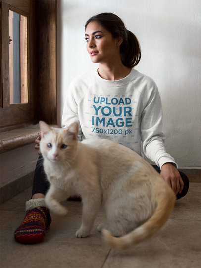 Beautiful Woman Wearing a Crewneck Sweater Mockup with her Cat
