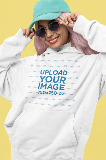 Pullover Hoodie Mockup of a Woman in a Kawaii-Inspired Outfit with Heart-Shaped Sunglasses