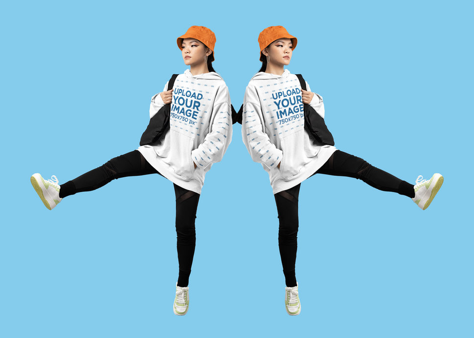 Pullover Hoodie Mockup Featuring a Mirrored Woman at a Studio