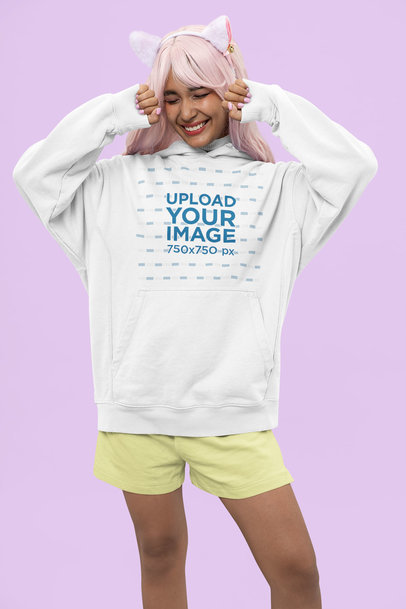 Pullover Hoodie Mockup of a Woman with a Kawaii-Style Wig
