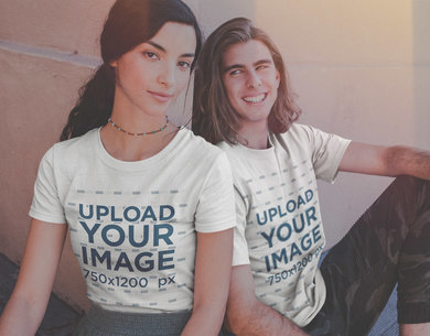Vintage Shot of a Happy Interracial Couple Wearing Shirts Mockup