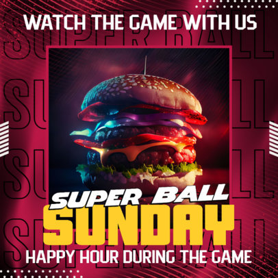Big Game-Themed Instagram Post Creator an AI-Styled Burger and a Happy Hour Promo 