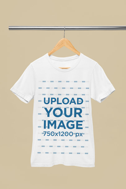 Mockup of a Bella Canvas Round-Neck Tee Placed on a Wooden Hanger