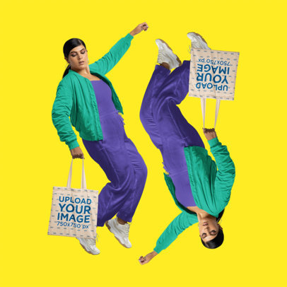 Trendy Mockup of a Duplicated Woman Carrying a Sublimated Tote Bag