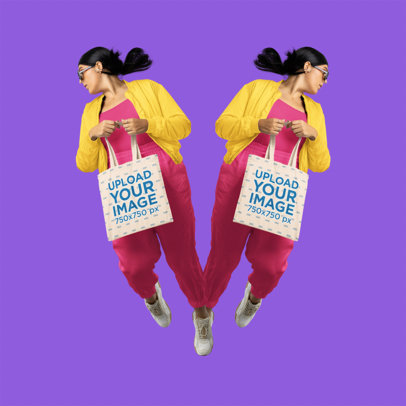 Mockup of a Mirrored Woman Holding a Sublimated Tote Bag