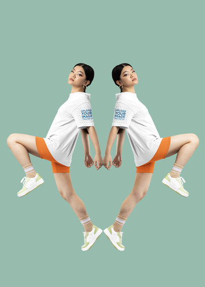 Sleeve T-Shirt Mockup of a Mirrored Woman Posing at a Studio