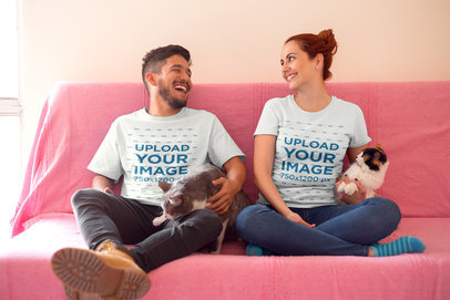 Roomies Wearing T-Shirts Mockup on the Couch with Their Cats