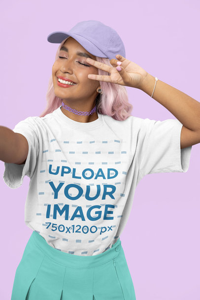 Oversized Tee Mockup of a Woman in a Kawaii-Inspired Outfit Making a Peace Sign