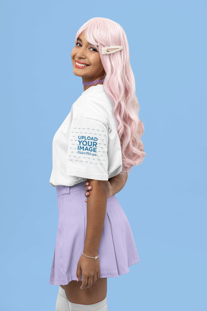 T-Shirt Sleeve Mockup Featuring a Smiling Woman in a Kawaii-Inspired Outfit