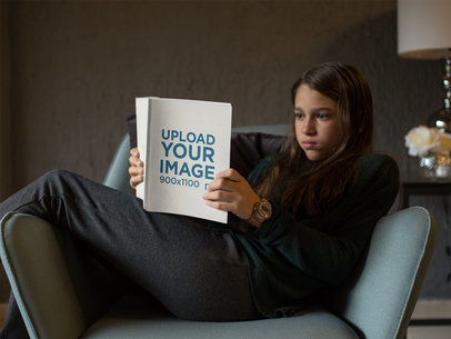 Girl Reading a Book Mockup Relaxing on an Armchair a19074