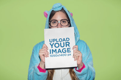 White Woman Dressed as an Unicorn Holding a Book Mockup a19252