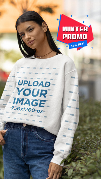 Sweatshirt Mockup of a Smiling Woman Featuring a Winter Discount Badge