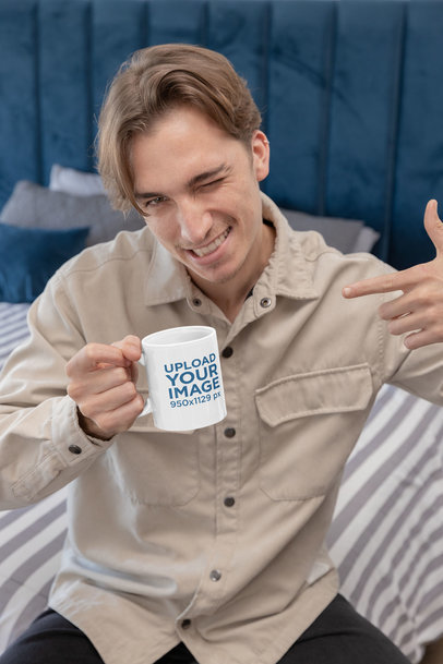 TikTok-Themed Mockup Featuring a Happy Man Pointing at a Coffee Mug