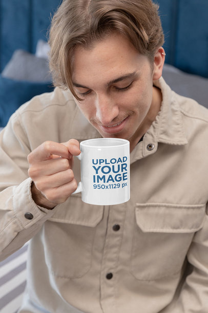 Mockup of a Smiling Man Smelling a Coffee Mug for a TikTok Challenge