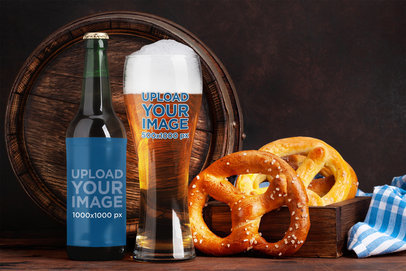 Oktoberfest-Themed Mockup of a Beer and a Glass Placed Next to a Pretzel