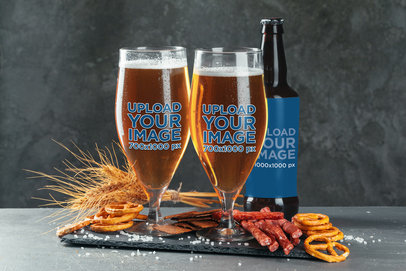 Mockup of Two Beer Glasses and a Bottle Placed in a Setting with Oktoberfest Snacks m31548 r-el2