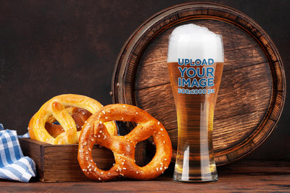 Oktoberfest-Themed Mockup Featuring a Beer Glass With Pretzels
