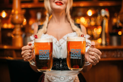 Mockup of a Waitress Holding Two Glass Beer Mugs in a Bar