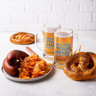 Mockup of Two Beer Mugs Placed Next to Oktoberfest Bread and Sausages