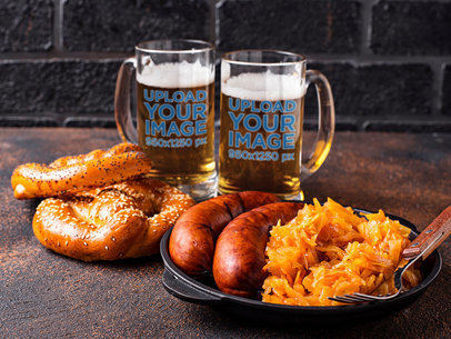 Mockup of Two Beer Mugs Placed Next to Traditional Oktoberfest Food
