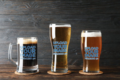 Mockup of Two Beer Glasses and a Mug Placed in a Wooden Setting