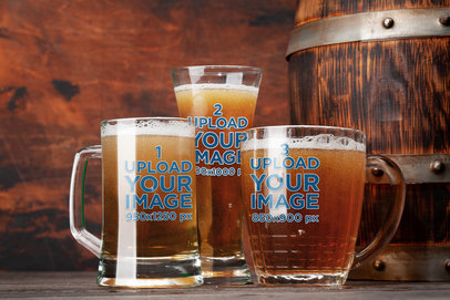 Mockup of Three Beer Glasses Placed in Front of a Wooden Barrel