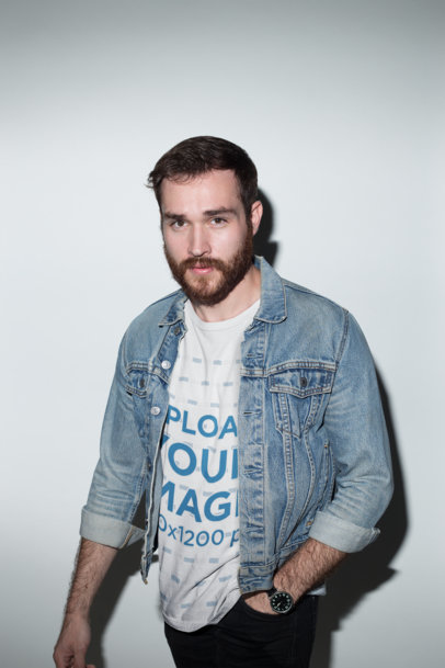 Mockup of a Man Wearing a T-Shirt and a Watch with His Hand In His Pocket