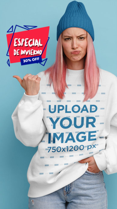 Winter Promo-Themed Mockup of a Woman with Pink-Dyed Hair in a Sweatshirt
