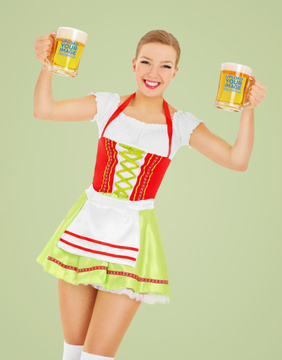 Oktoberfest-Themed Mockup of a Smiling Woman in a Dirndl Dress Holding Two Beer Mugs m31533 r-el2