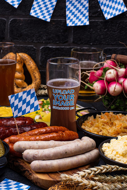 Mockup of a Beer Glass Placed in the Middle of Oktoberfest Dishes