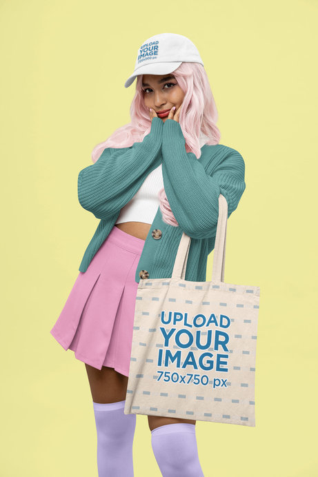 Dad Hat Mockup of a Woman in a Kawaii-Inspired Outfit Carrying a Tote Bag
