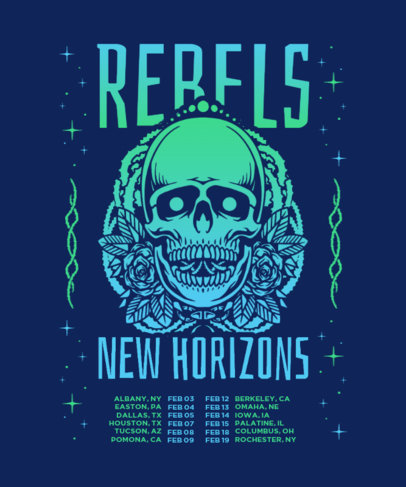 Back T-Shirt Design Template with a Musician's Tour Layout and an Illustrated Skull