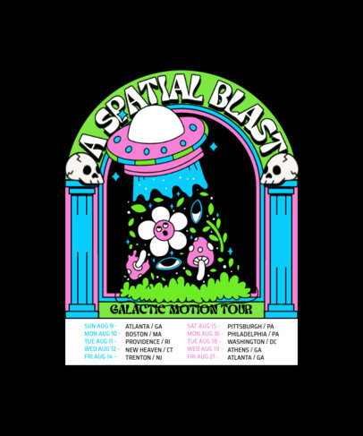 Back T-Shirt Design Template with an Illustrated UFO and a Music Band's Tour Dates