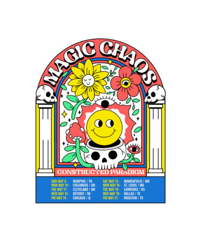 Back T-Shirt Design Template with Cartoonish Characters and a Music Band's Tour Dates