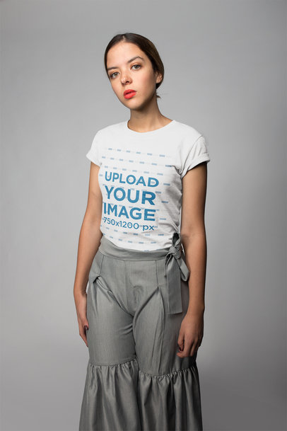 Woman with Red Lips Wearing a Tshirt Mockup in a Photo Studio