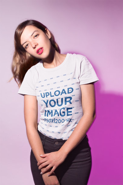 Woman with Red Lips Wearing a Tshirt Mockup Against a Pink Background