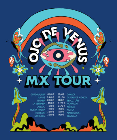 Back T-Shirt Design Template Featuring a Trippy Eye Graphic and Tour Dates
