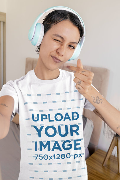 Gildan Tee Mockup Featuring a Woman Winking for a TikTok