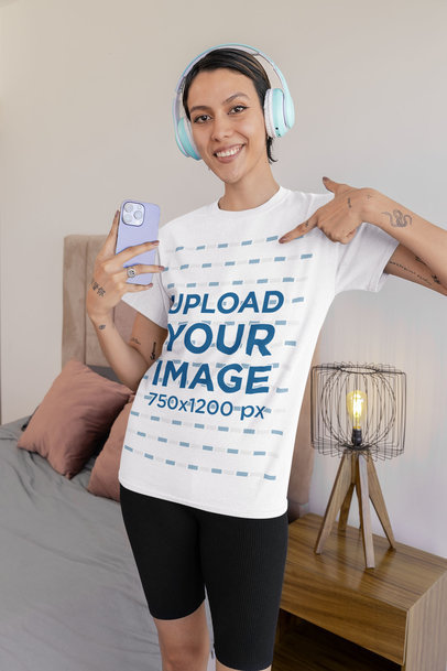 Gildan Tee Mockup Featuring a Happy Woman Making a TikTok