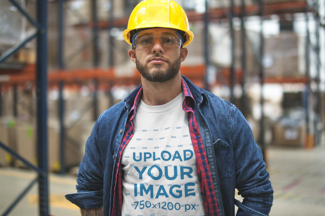 Serious Bearded Warehouse Worker Wearing a T-Shirt Mockup