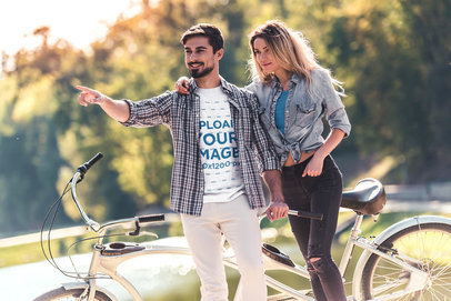 Heathered Tee Mockup Featuring a Man Standing with His Girlfriend by a Bike