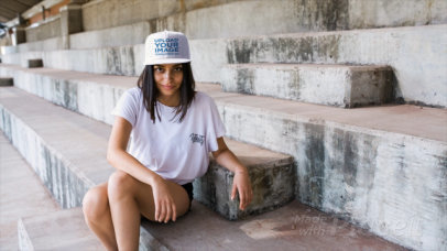Young Hispanic Woman Wearing a Snapback Hat Video Sitting on Concrete Stairways