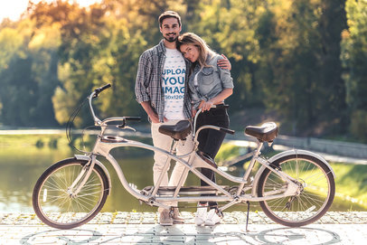 Heathered Tee Mockup Featuring a Happy Man Hugging His Girlfriend by the Park