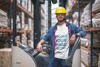 Forklift Operator Wearing a T-Shirt Mockup at the Warehouse a20378