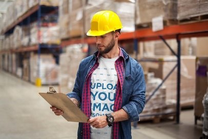 Supervisor Wearing a T-Shirt Mockup at the Warehouse