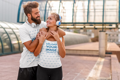 Tank Top and Heathered Tee Mockup Featuring a Happy Couple Hugging